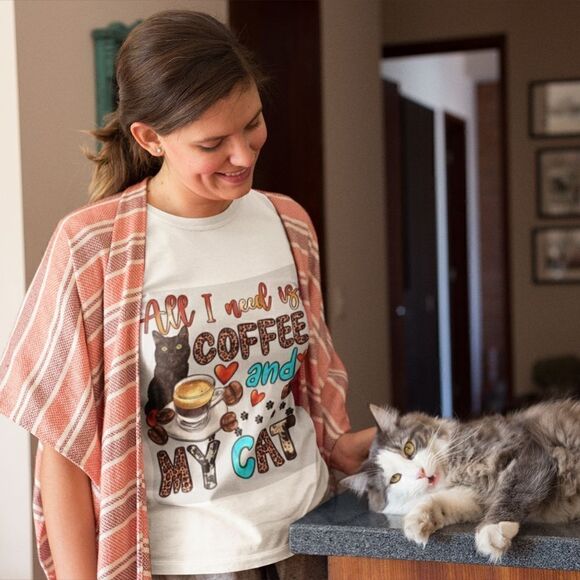 Graphic Print V-Neck T-Shirt All I Need is Coffee and my Cat T-Shirt - Picture 8 of 10